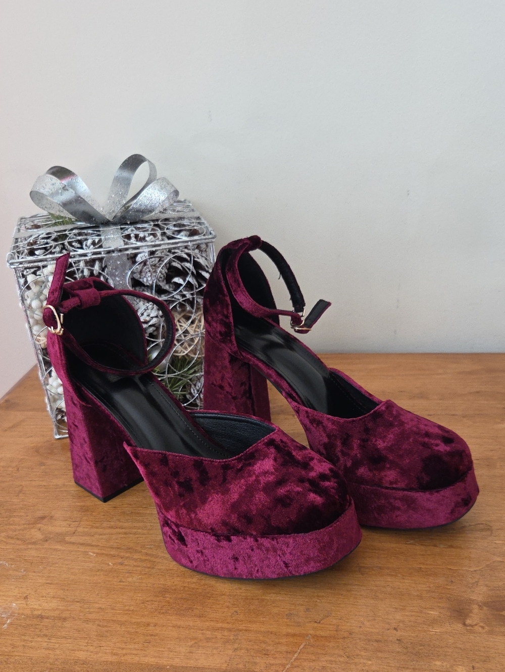 SHEIN Burgundy Velvet Platform Block Heels with Ankle Strap